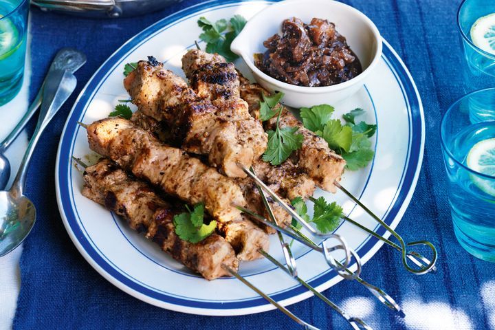 Cooking Meat Pork kebabs with peppered fig relish