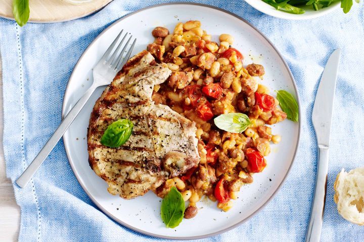 Cooking Meat Pork loin chops with smoky baked beans