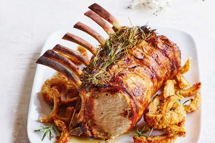 Cooking Meat Pork loin with porky scratchings and cider gravy