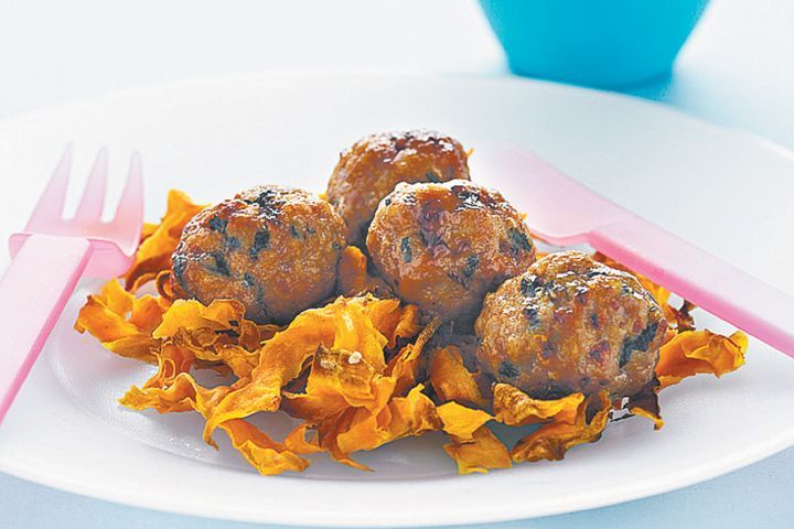 Cooking Meat Pork meatballs with sweet potato ribbons