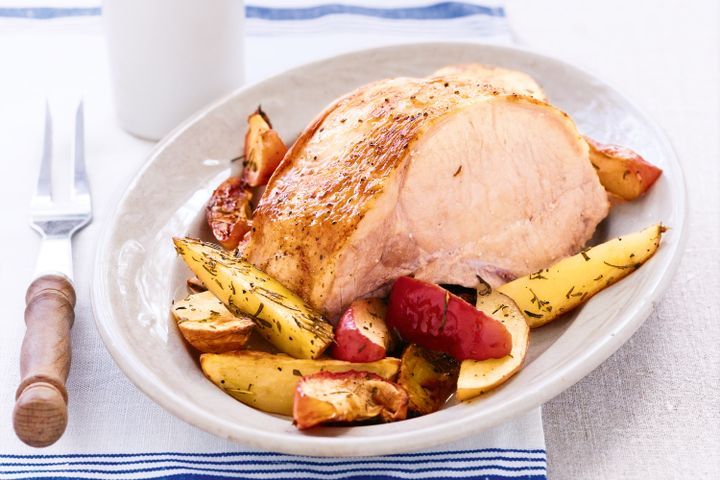 Cooking Meat Pork rib roast with baked apples & potato wedges