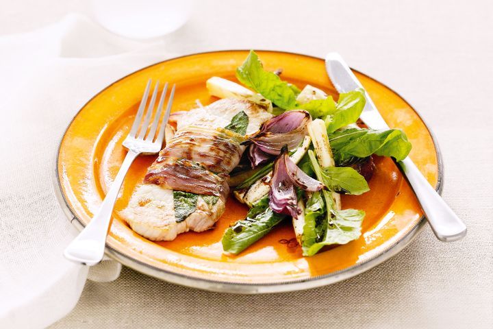 Cooking Meat Pork saltimbocca with roasted parsnip salad
