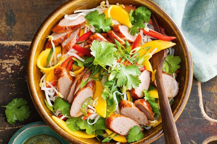Cooking Meat Pork sausage with Thai mango and noodle salad