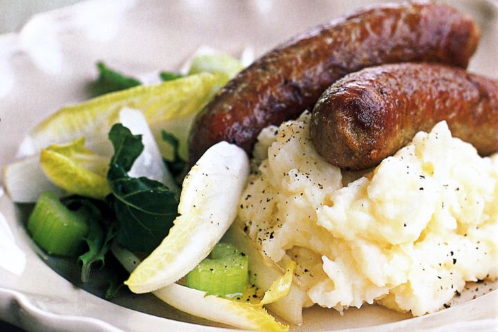 Cooking Meat Pork sausages with witlof salad & parsnip mash