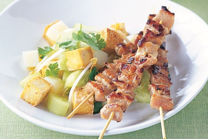 Cooking Meat Pork skewers with gado gado salad