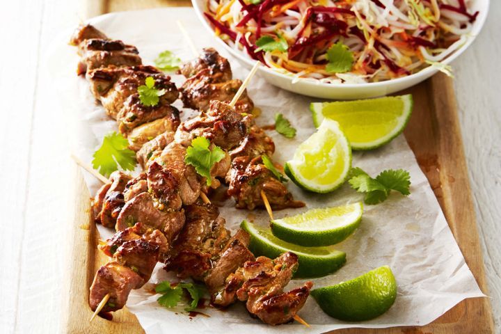Cooking Meat Pork skewers with quick noodle salad