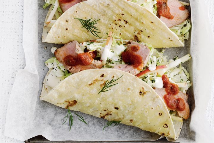 Cooking Meat Pork tacos with dill and apple coleslaw