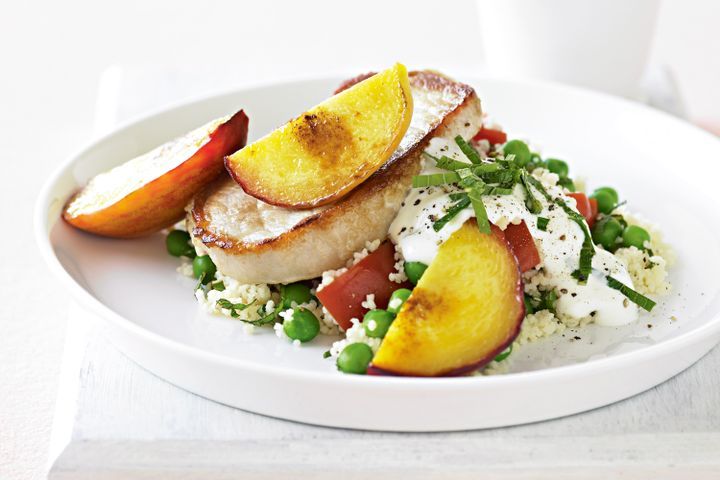 Cooking Meat Pork with peach and minted couscous salad