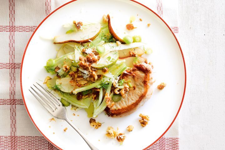 Cooking Meat Pork with pear and fennel salad and walnut crumble
