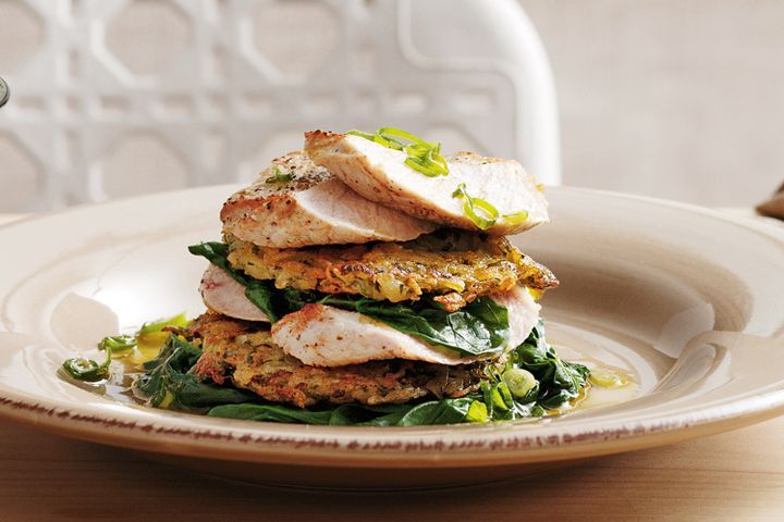 Cooking Meat Pork with potato rosti and wilted spinach