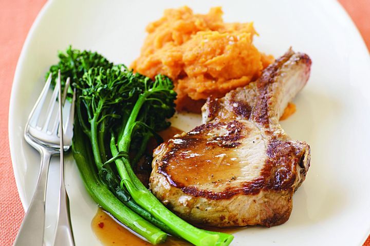 Cooking Meat Pork with sweet potato mash and soy-plum glaze