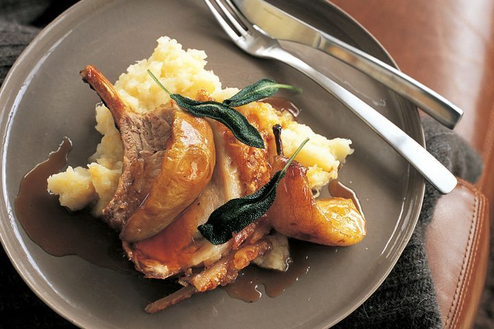 Cooking Meat Rack of pork with pear and celeriac mash