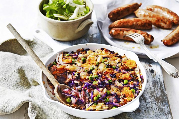 Cooking Meat Red cabbage bubble and squeak with Italian pork sausages