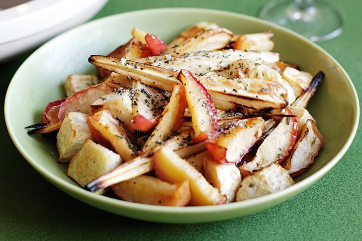 Cooking Meat Roast apple, parsnip and celeriac with rosemary salt