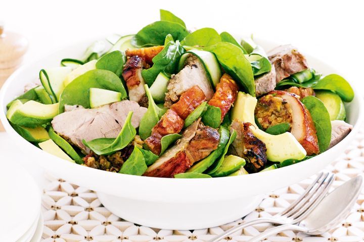 Cooking Meat Roast pork, avocado and spinach salad