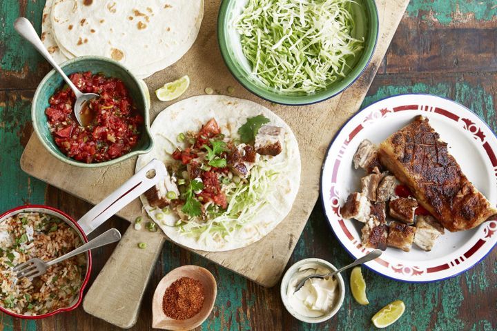 Cooking Meat Roast pork belly burritos with fresh salsa