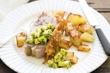 Cooking Meat Roast pork loin with curried green apple relish