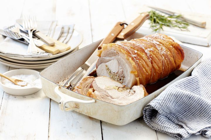 Cooking Meat Roast pork loin with maple apple and rosemary stuffing