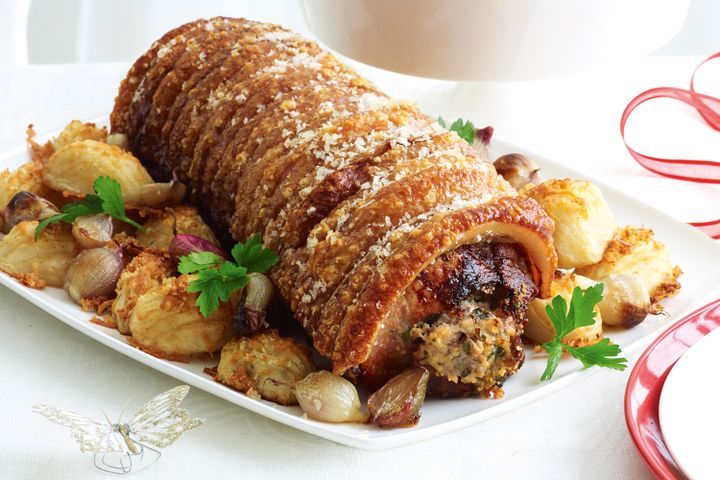 Cooking Meat Roast pork with pistachio stuffing & hasselback potatoes