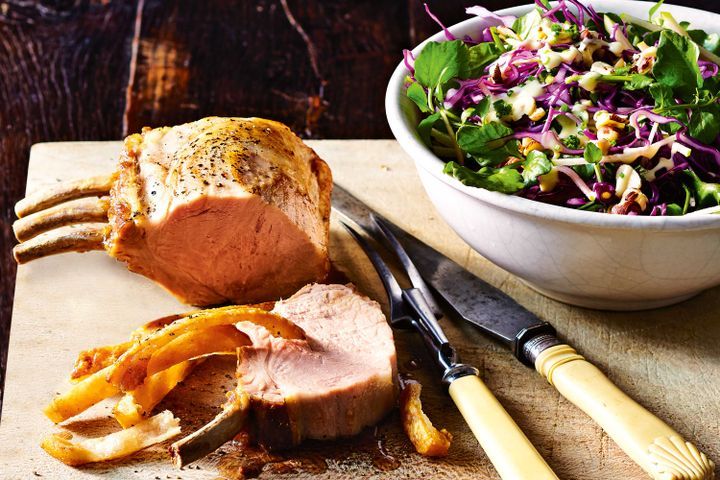 Cooking Meat Roast pork with red cabbage & apple coleslaw