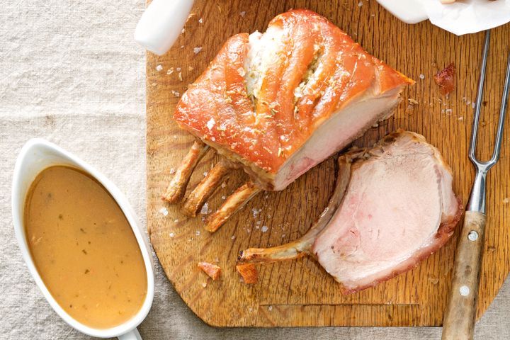 Cooking Meat Roasted pork rack with smashed potatoes and cider gravy