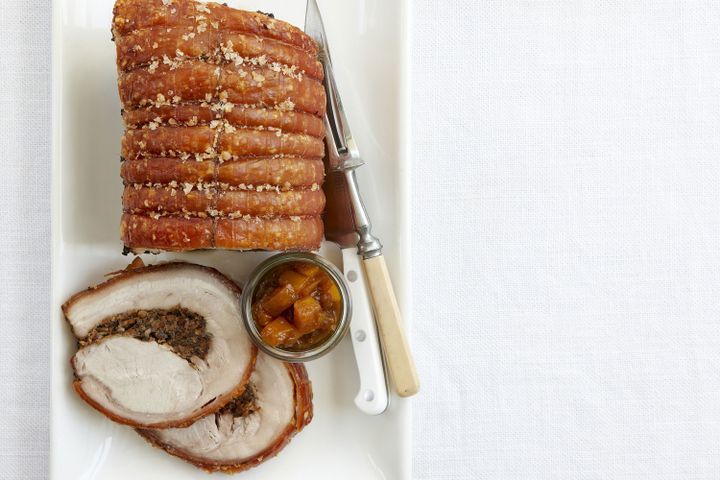 Cooking Meat Rolled loin of pork with mushroom stuffing