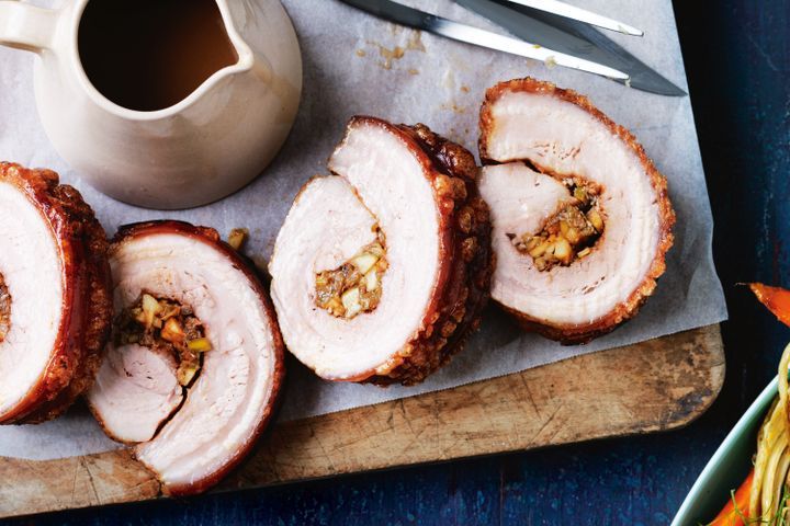 Cooking Meat Rolled pork belly with apple and raisin stuffing