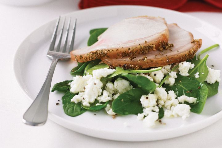 Cooking Meat Rosemary & fennel roast pork with spinach & feta salad