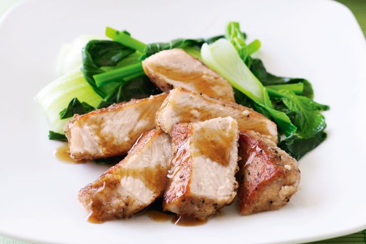 Cooking Meat Salt and pepper pork with Asian greens