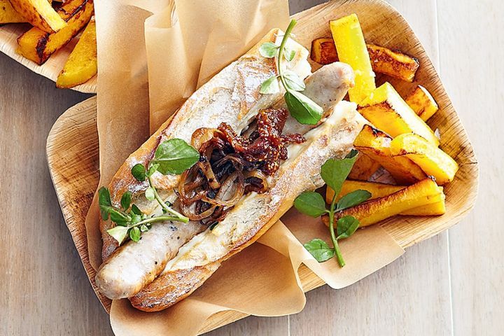 Cooking Meat Sausage baguettes with pumpkin chips