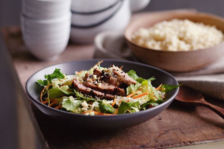 Cooking Meat Sesame lemongrass pork with peanut salad