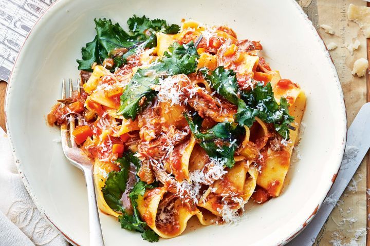 Cooking Meat Slow-cooked pork and kale ragu