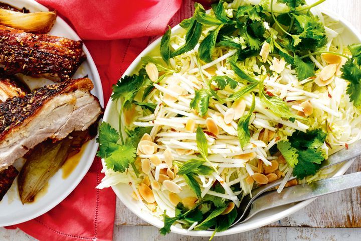 Cooking Meat Slow-roasted pork belly with pear coleslaw