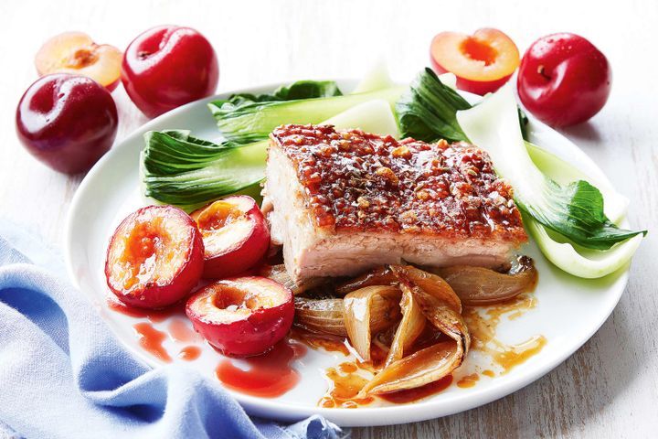 Cooking Meat Slow-roasted pork belly with roasted plums