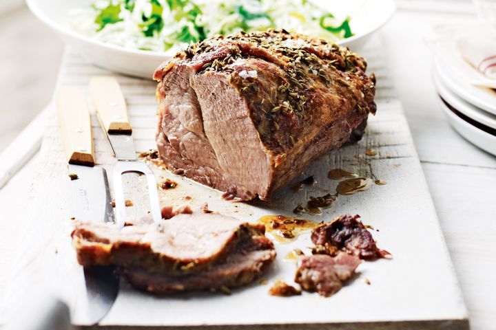 Cooking Meat Slow-roasted pork neck with cabbage and spinach slaw