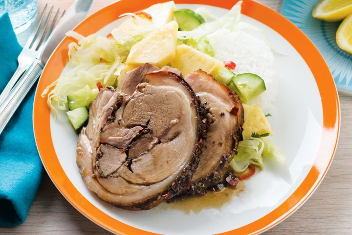 Cooking Meat Slow roasted pork with pineapple salad