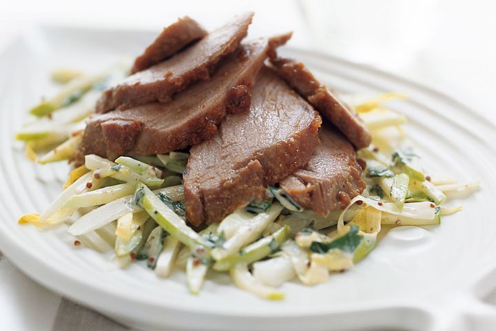 Cooking Meat Spiced honey roast pork with apple & mustard salad