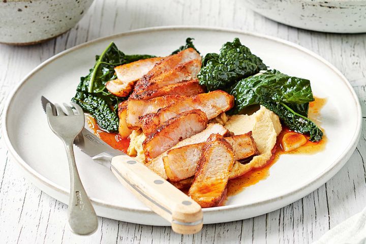 Cooking Meat Spiced pork sirloin with chickpea cream and quick braised kale