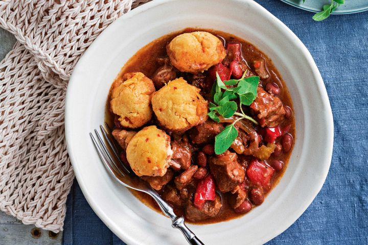 Cooking Meat Spicy pork stew with chilli polenta dumplings