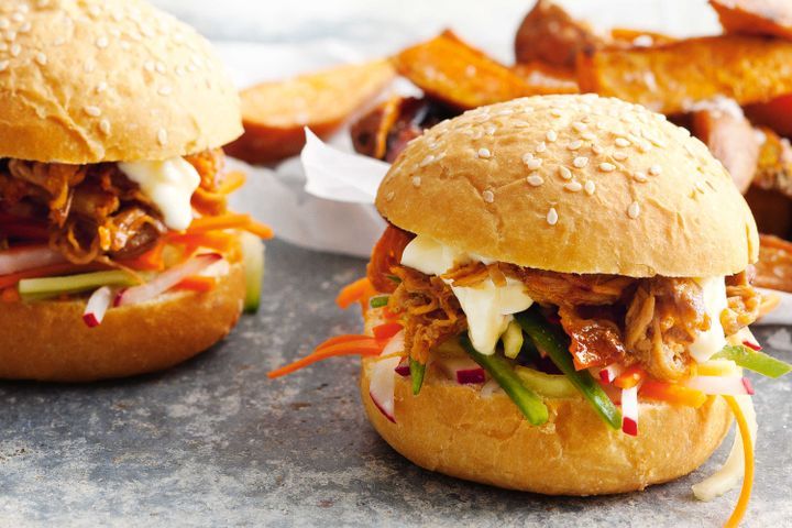 Cooking Meat Sriracha pork sliders with pickled  veg and sweet potato chips