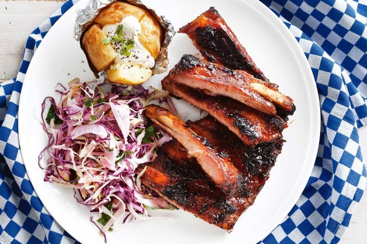 Cooking Meat Sticky Aussie barbecue ribs with fennel and apple slaw