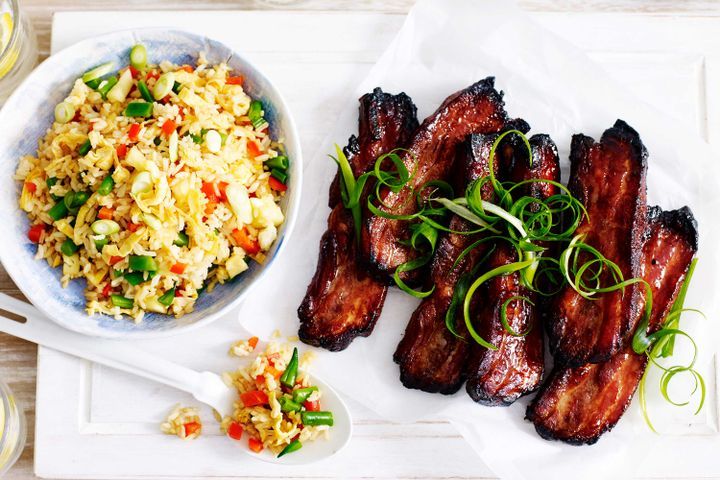 Cooking Meat Sticky char siu pork spare ribs with quick fried rice