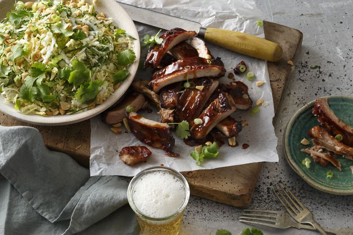 Cooking Meat Sticky hoisin pork ribs with wombok & peanut salad