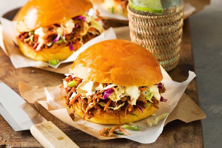 Cooking Meat Sticky hoisin pulled pork and slaw burgers