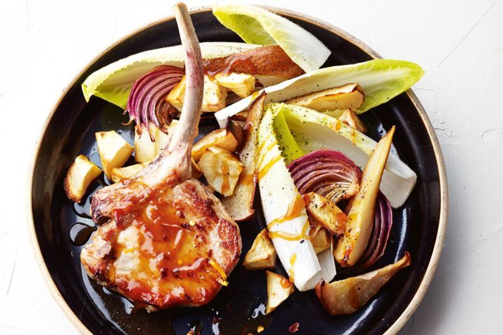 Cooking Meat Sticky honey pork with roast parsnip and pear salad