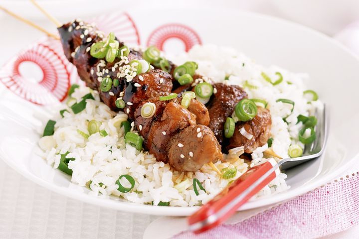 Cooking Meat Sticky plum pork kebabs with green onion rice