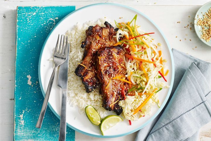Cooking Meat Sweet chilli and ginger glazed pork ribs with Asian slaw