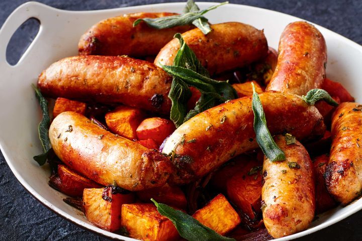 Cooking Meat Sweet potato and maple pork sausage tray bake