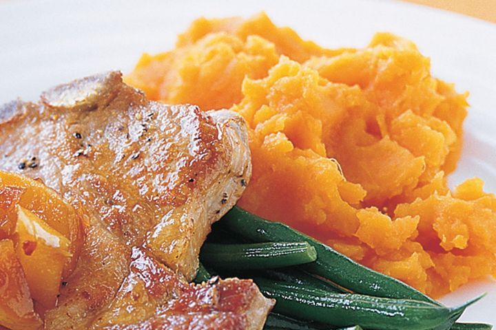 Cooking Meat Sweet potato mash and green beans