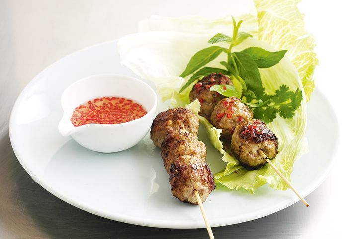 Cooking Meat Thai pork skewers with chilli dipping sauce
